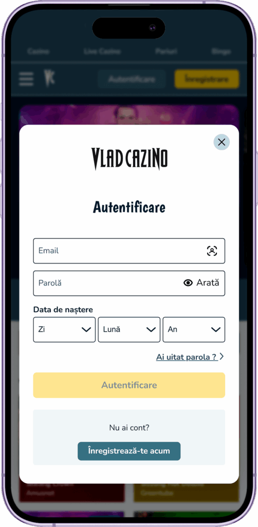 Log in to your account in the Vlad Cazino UK mobile app