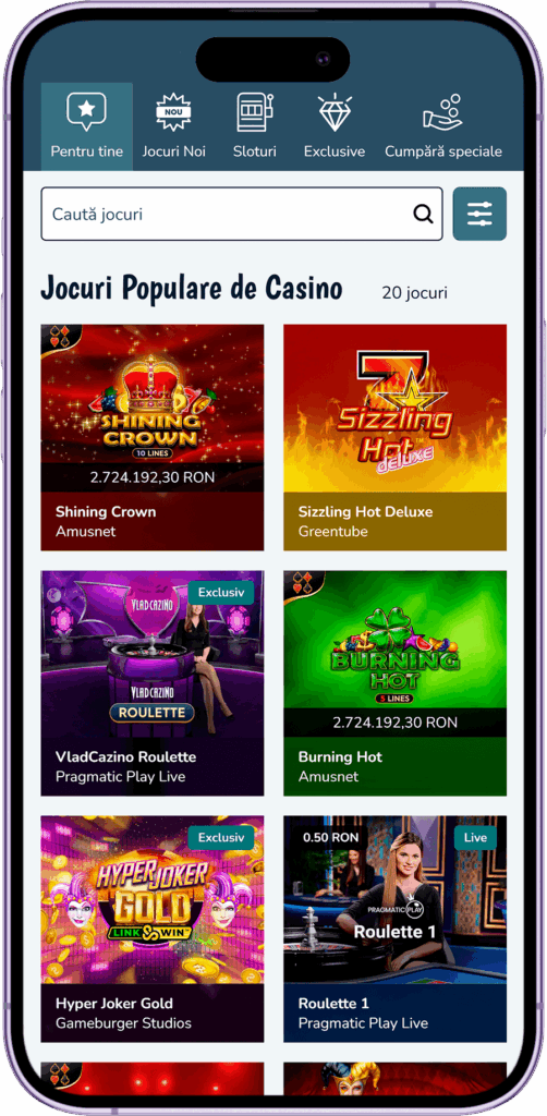 Casino section in the Vlad Cazino UK mobile app